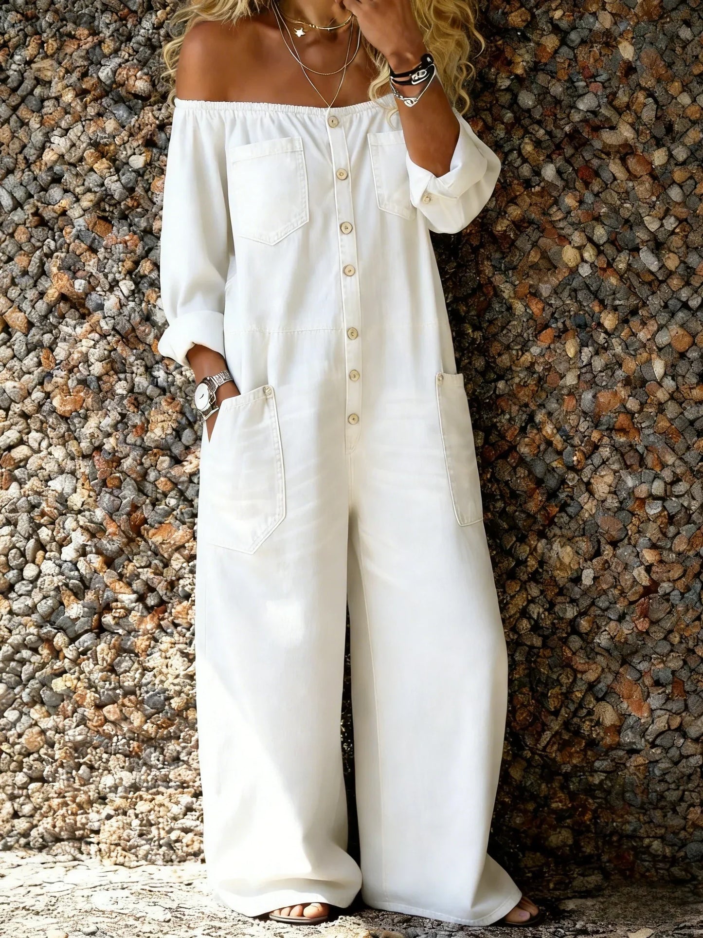 Noa | Salopette de Denim con Escote Off-Shoulder