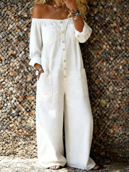 Noa | Salopette de Denim con Escote Off-Shoulder
