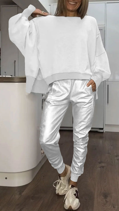 Top Casual de Cuello Redondo para Mujer + Pantalones de Cuero