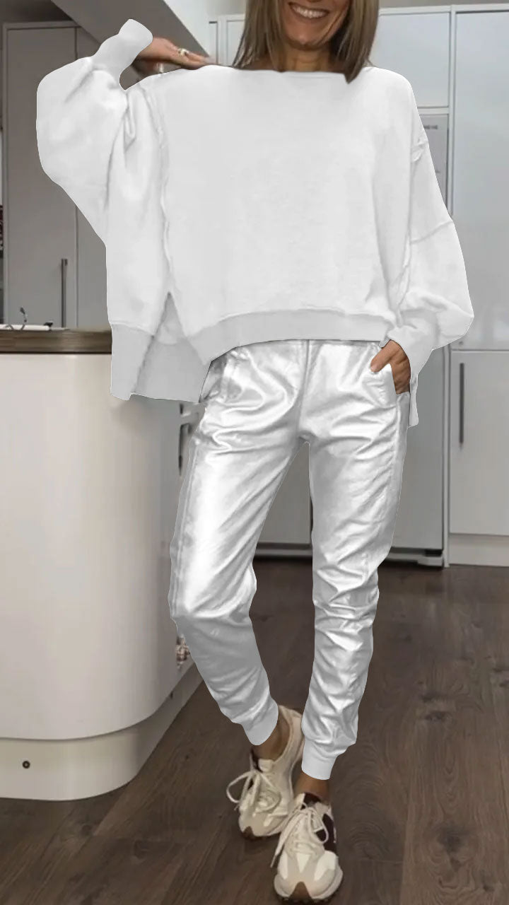 Conjunto Casual de Cuello Redondo para Mujeres + Pantalones de Cuero Sintético