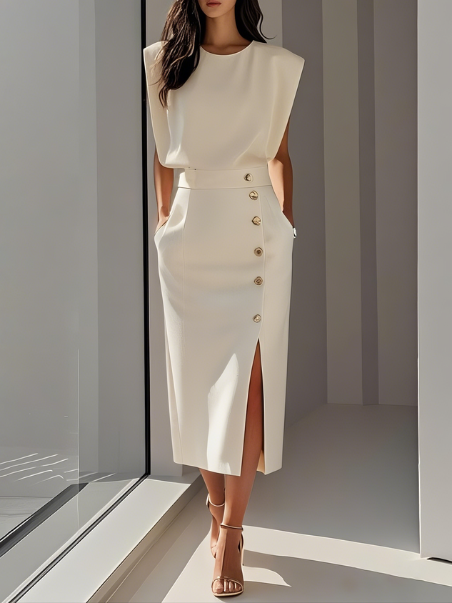 Malene™ | Vestido Midi Sólido con Abertura de Botones y Escote Redondo