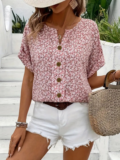 Cindy™ | Blusa de Color con Cuello Notched de Impresión Floral