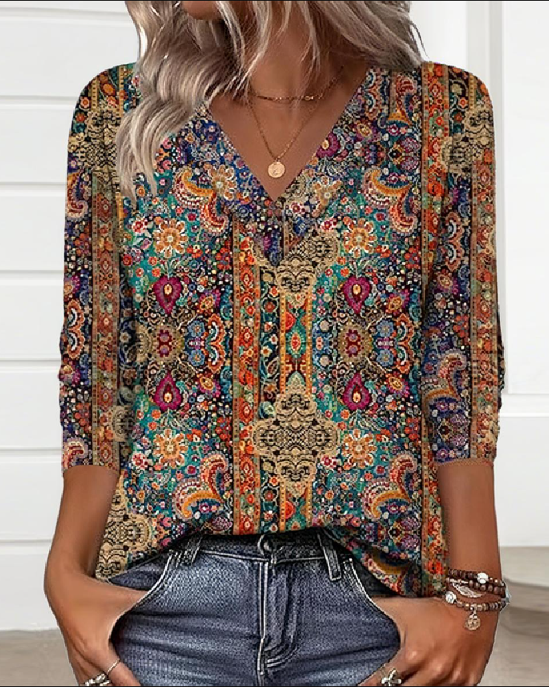 Blusa Retro Estampada V-Cuello