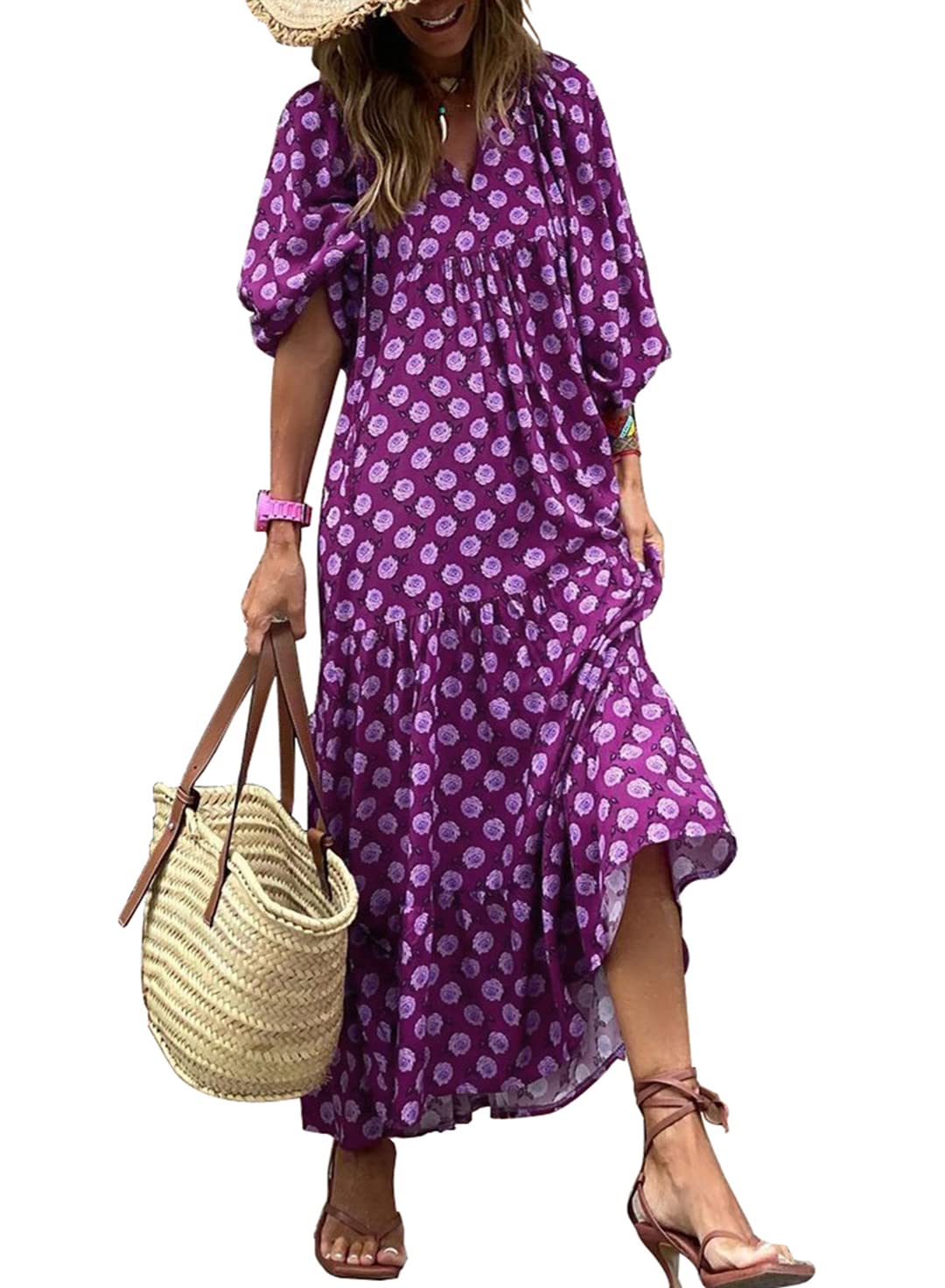 WINONA – VESTIDO MAXI GEOMÉTRICO BOHEMIO CON MANGAS ABULLONADAS PARA MUJER