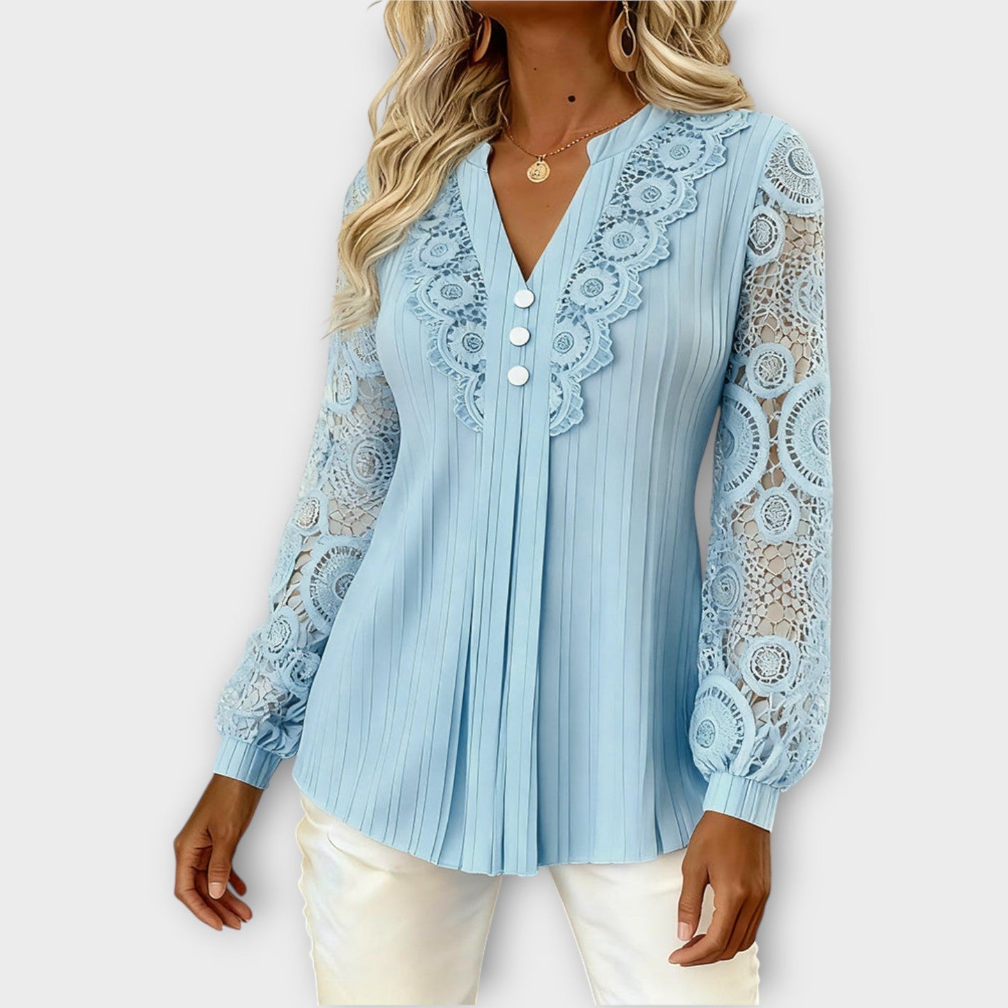 Blusa Plisada con Mangas de Encaje Elegante