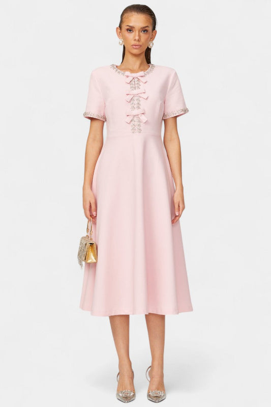 Linda Vestido Midi Acampanado con Lazo de Cristal