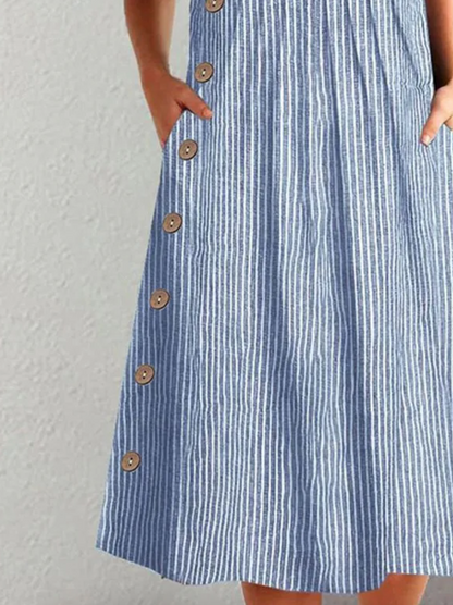 CALLIE – VESTIDO MIDI CLÁSICO A RAYAS CON BOTONES