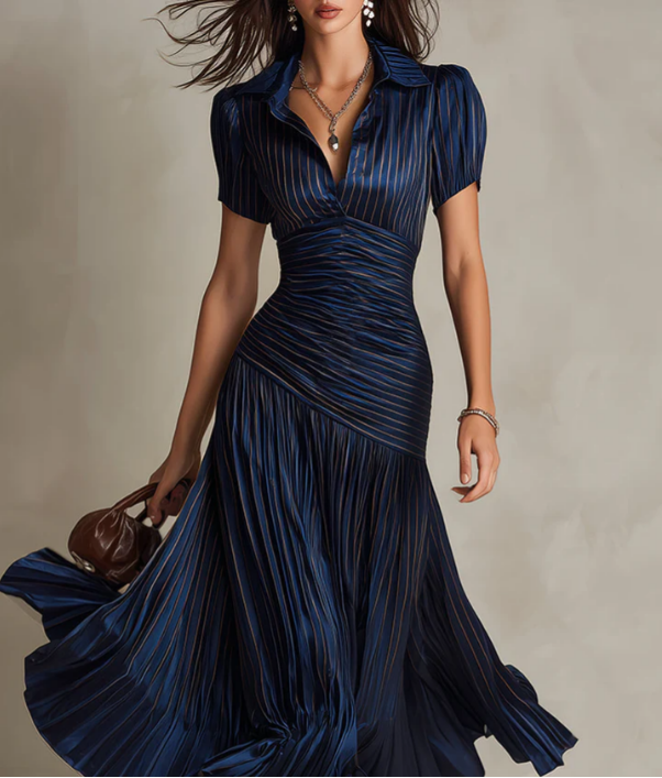 Adria | Vestido midi de satén con diseño de rayas vintage