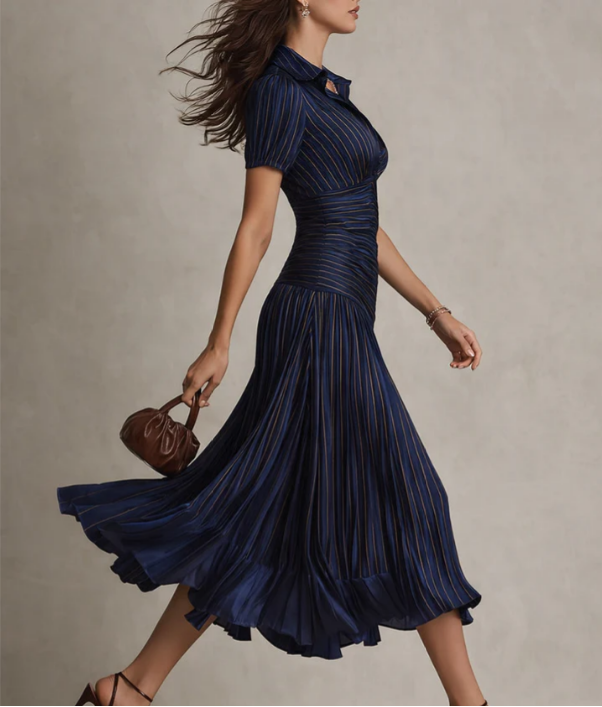 Adria | Vestido midi de satén con diseño de rayas vintage
