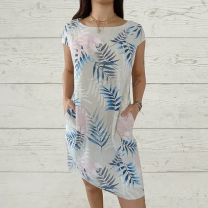 Vestido de verano estampado de algodón y lino para mujeres con bolsillos