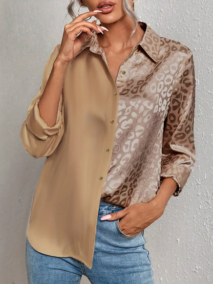 Gwendolyn - Camisa Button-Up en Satén Bicolor con Estampado de Leopardo