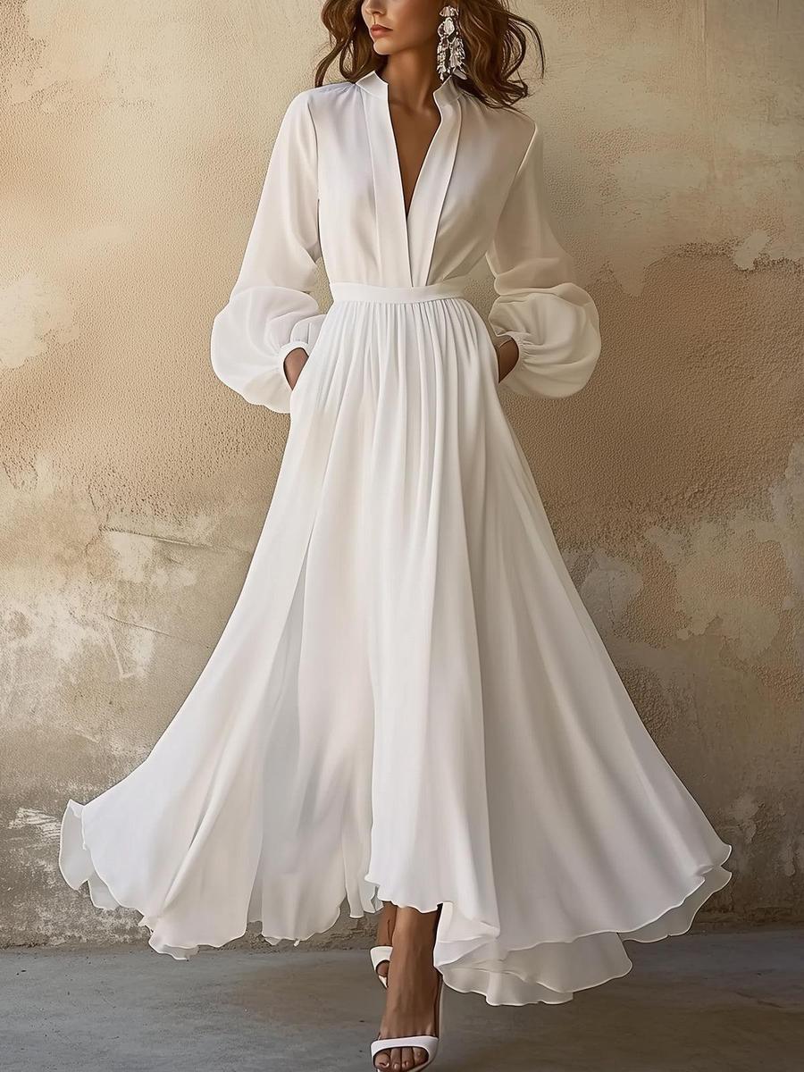 Vestido Maxi Blanco Sencillo de Cuello en V Vintage
