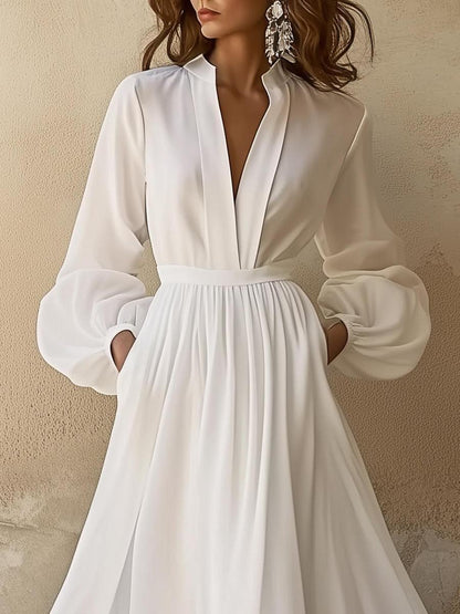 Vestido Maxi Blanco Sencillo de Cuello en V Vintage