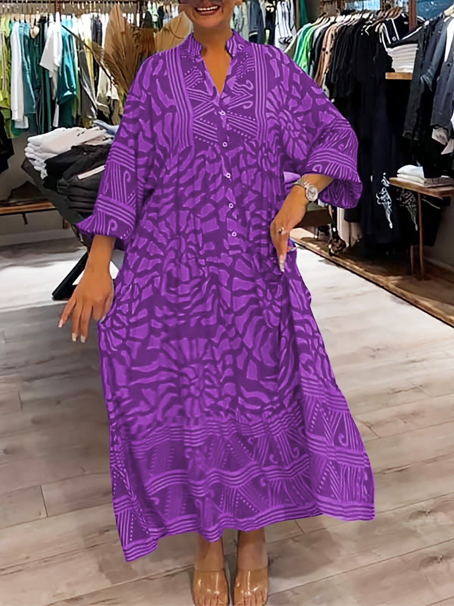 Elka™ - Vestido Suelto Impreso con Escote en V para Mujeres