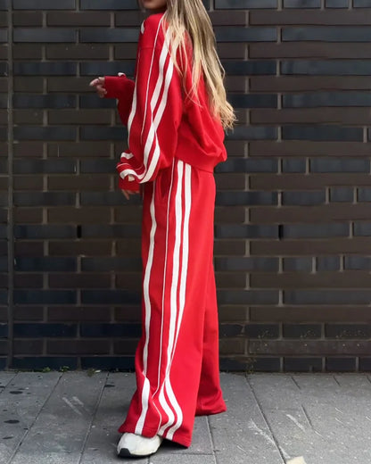 Conjunto de dos piezas de punto en rayas y pantalones anchos