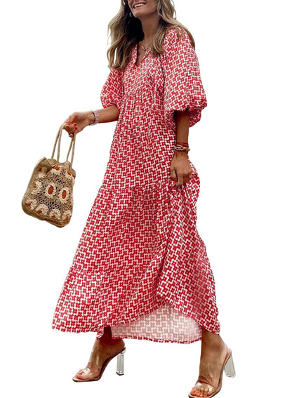 WINONA – VESTIDO MAXI GEOMÉTRICO BOHEMIO CON MANGAS ABULLONADAS PARA MUJER