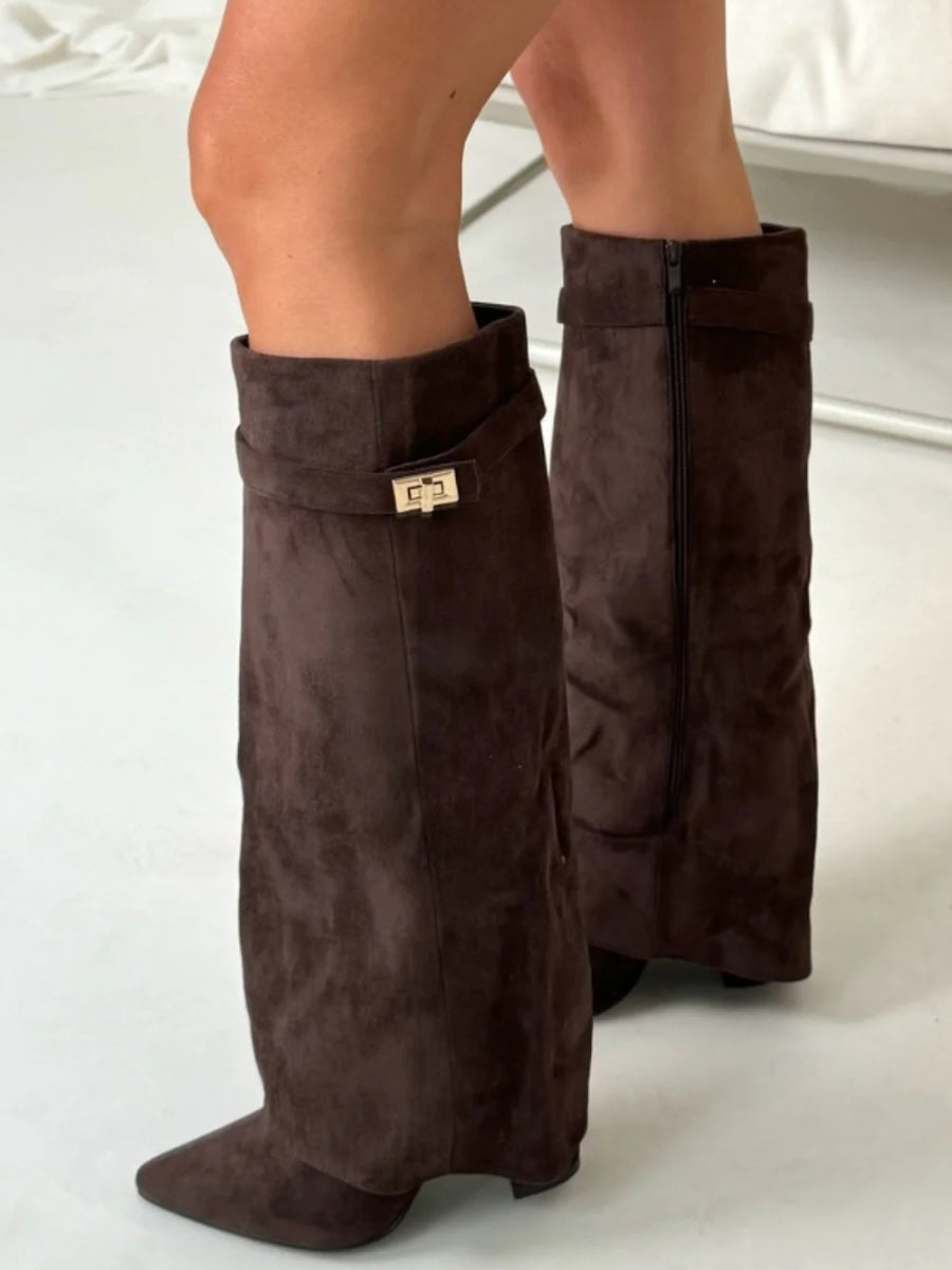 Botas de Mujer hasta la Rodilla con Parte Superior de Campana Ancha y Tacón Bloque