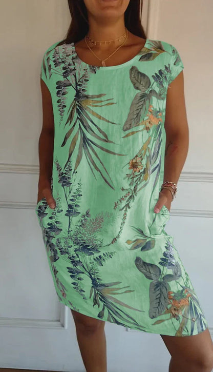 Vestido de verano estampado de algodón y lino para mujeres con bolsillos