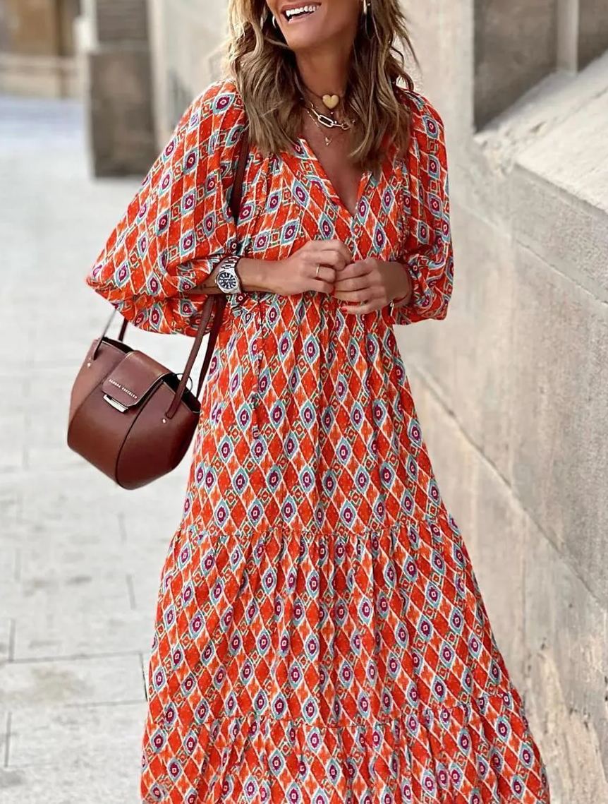 WINONA – VESTIDO MAXI GEOMÉTRICO BOHEMIO CON MANGAS ABULLONADAS PARA MUJER