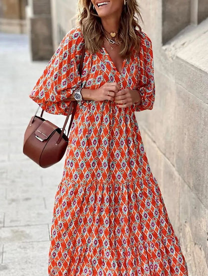 WINONA – VESTIDO MAXI GEOMÉTRICO BOHEMIO CON MANGAS ABULLONADAS PARA MUJER