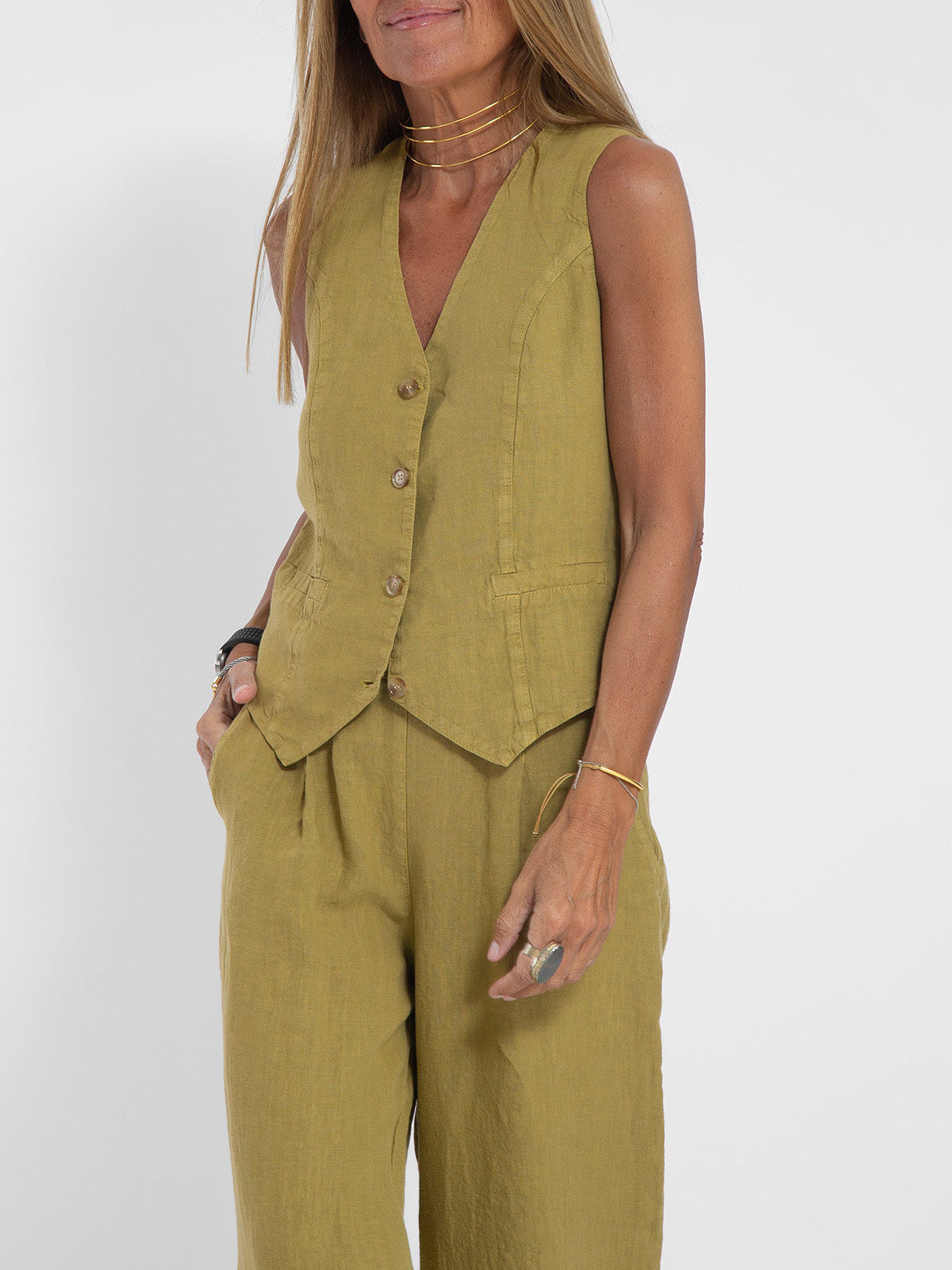 Aira - Conjunto de Chaleco Abotonado y Pantalones de Pierna Ancha