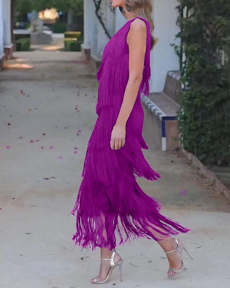 Vestido de flecos elegante Maya con hombros al aire
