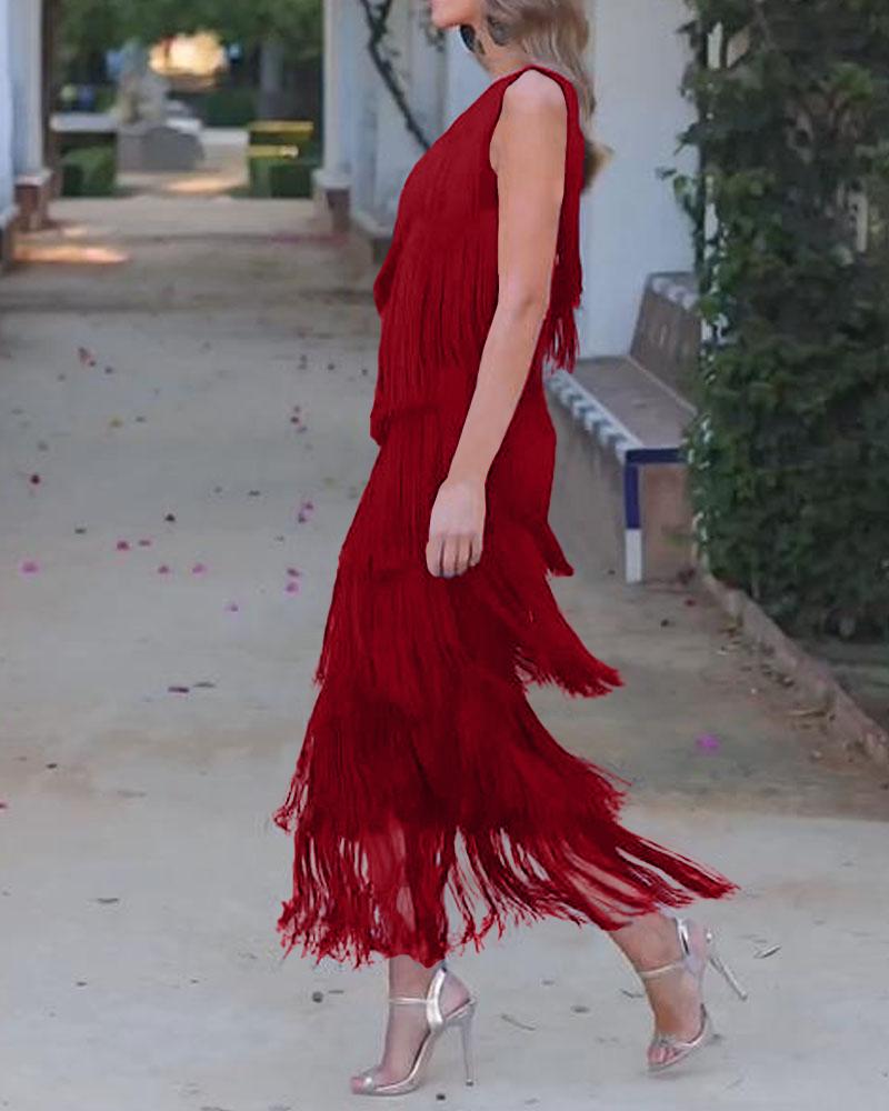 Vestido de flecos elegante Maya con hombros al aire
