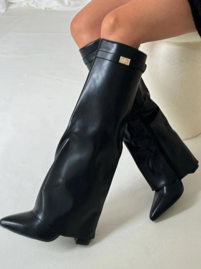 Botas de Mujer hasta la Rodilla con Parte Superior de Campana Ancha y Tacón Bloque