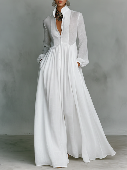 Vestido Maxi Minimalista de Algodón y Lino con Paneles de Patchwork, Cuello Alto y Mangas Largas