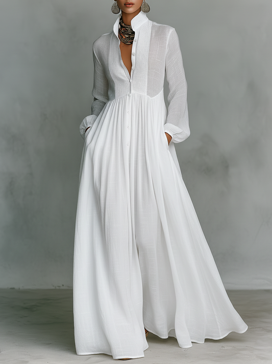 Vestido Maxi Minimalista de Algodón y Lino con Paneles de Patchwork, Cuello Alto y Mangas Largas