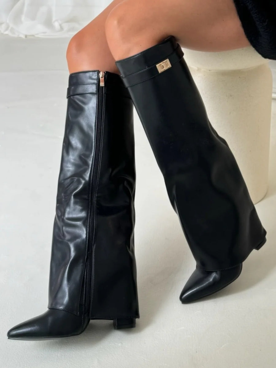 Botas de Mujer hasta la Rodilla con Parte Superior de Campana Ancha y Tacón Bloque