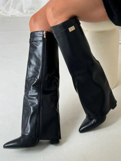 Botas de Mujer hasta la Rodilla con Parte Superior de Campana Ancha y Tacón Bloque