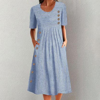 CALLIE – VESTIDO MIDI CLÁSICO A RAYAS CON BOTONES