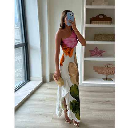 Ismena - Elegante Vestido Maxi Floral con Cuello Asimétrico