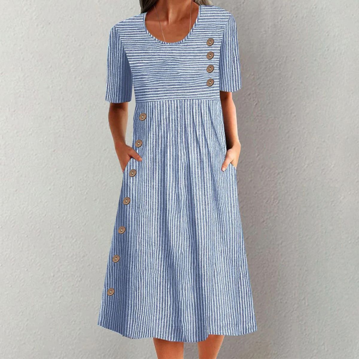 CALLIE – VESTIDO MIDI CLÁSICO A RAYAS CON BOTONES