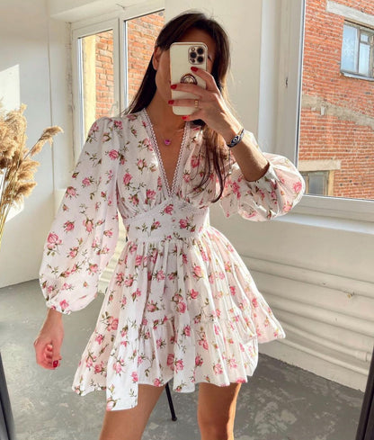 Vestido Mini Floral para Mujeres con Mangas Largas Abullonadas y Escote en V