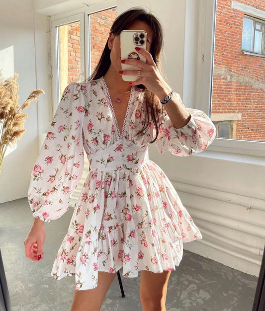 Vestido Mini Floral para Mujeres con Mangas Largas Abullonadas y Escote en V