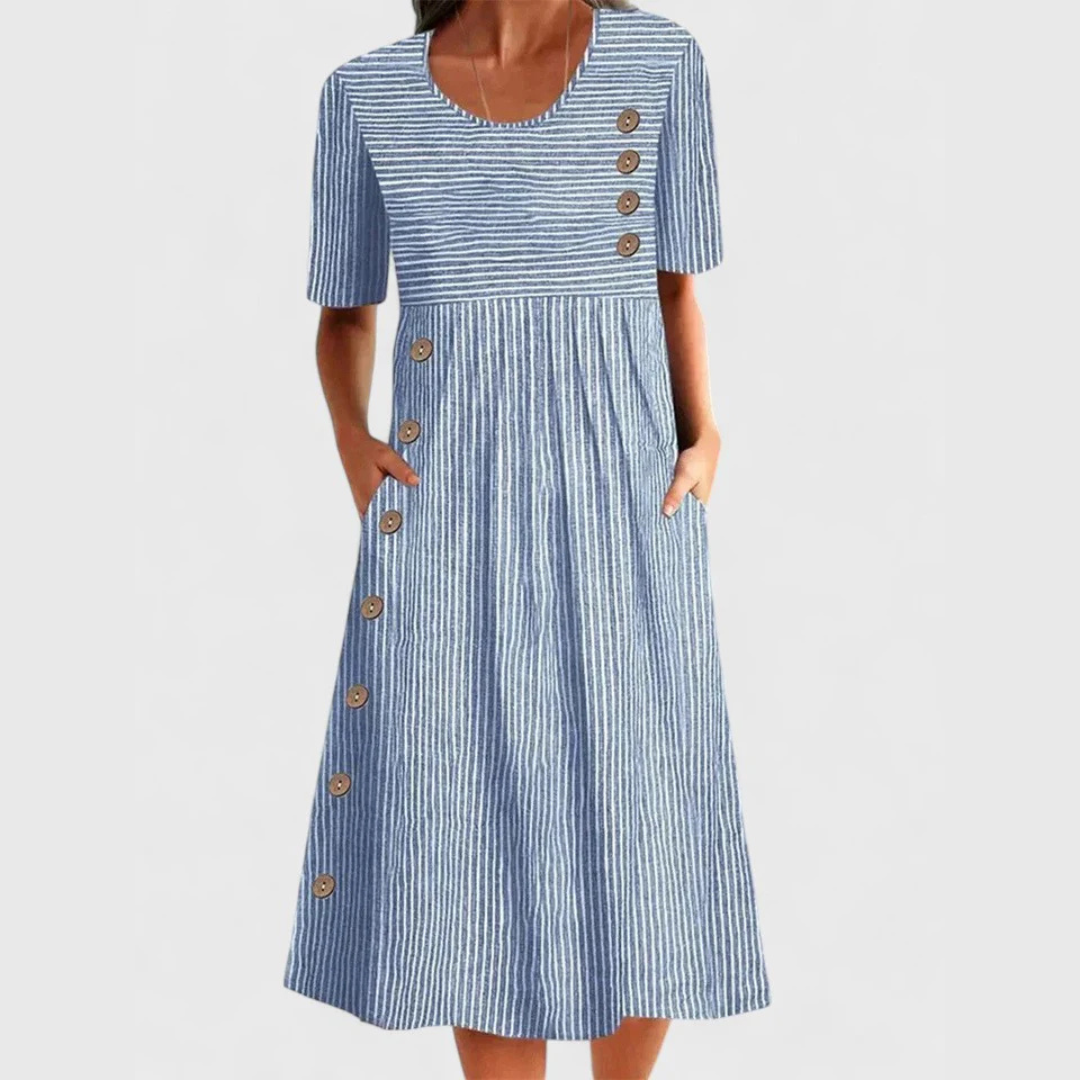 CIELO – VESTIDO MIDI A RAYAS CON BOTONES COSTEROS