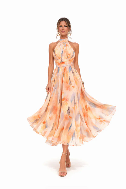 Esther | Vestido con Cuello Halter y Estampado Acuarela