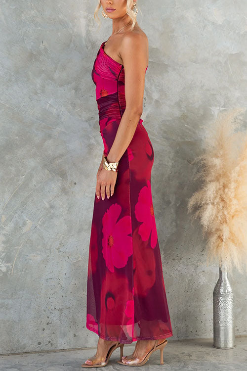 Vestido Maxi Bodycon de Malla con Estampado Floral de Un Solo Hombro