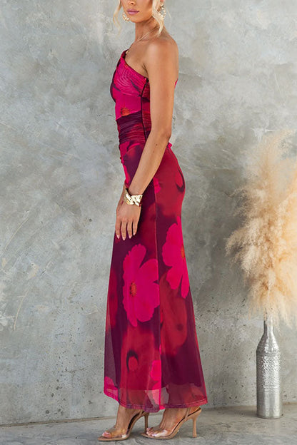 Vestido Maxi Bodycon de Malla con Estampado Floral de Un Solo Hombro