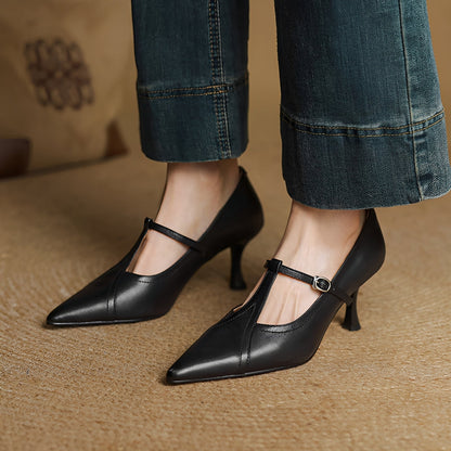 Josie - Elegantes zapatos de tacón de piel con cierre en T para mujeres