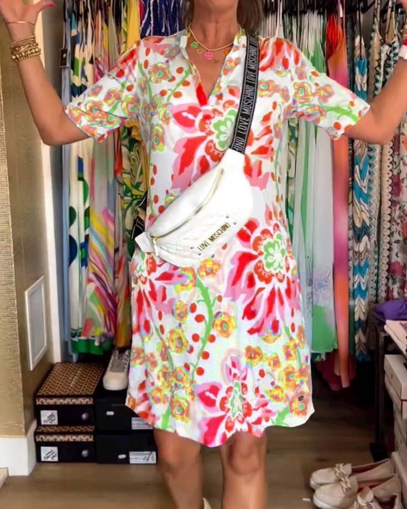 Ivendra | Vestido de Manga Corta con Estampado Floral