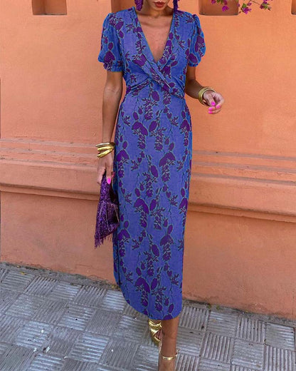 Aria™ - Elegante Vestido Maxi con Escote en V y Patrón de Hojas