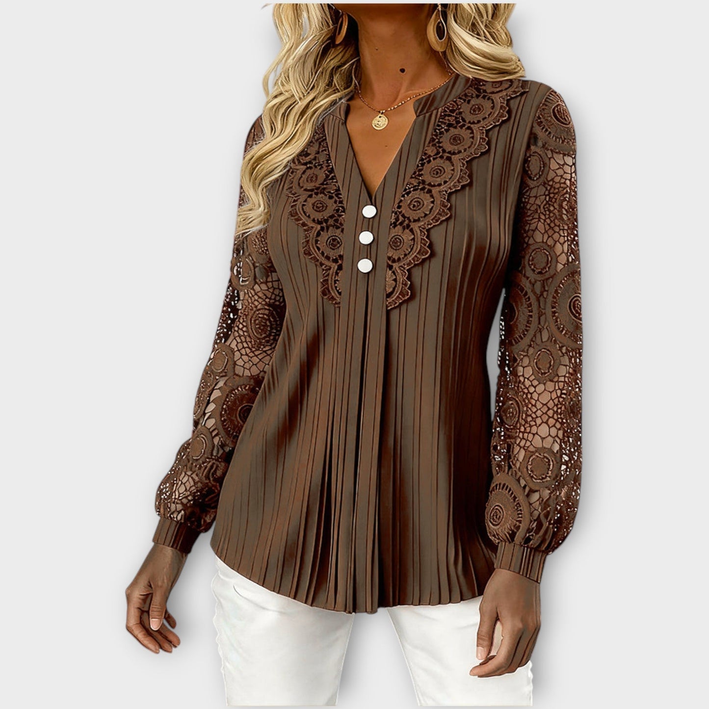 Blusa Plisada con Mangas de Encaje Elegante