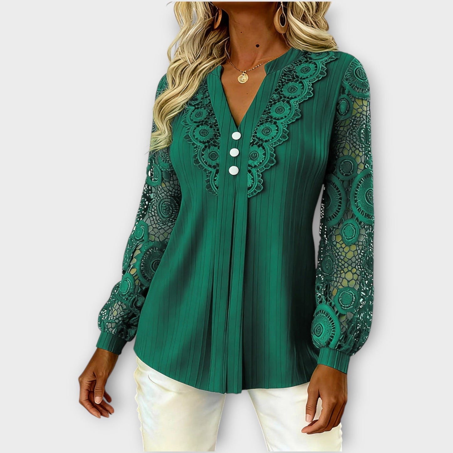 Blusa Plisada con Mangas de Encaje Elegante