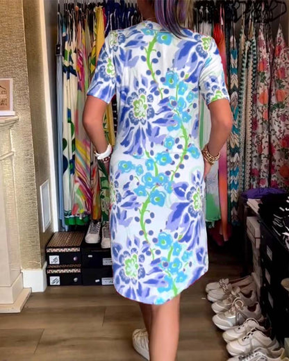 Ivendra | Vestido de Manga Corta con Estampado Floral