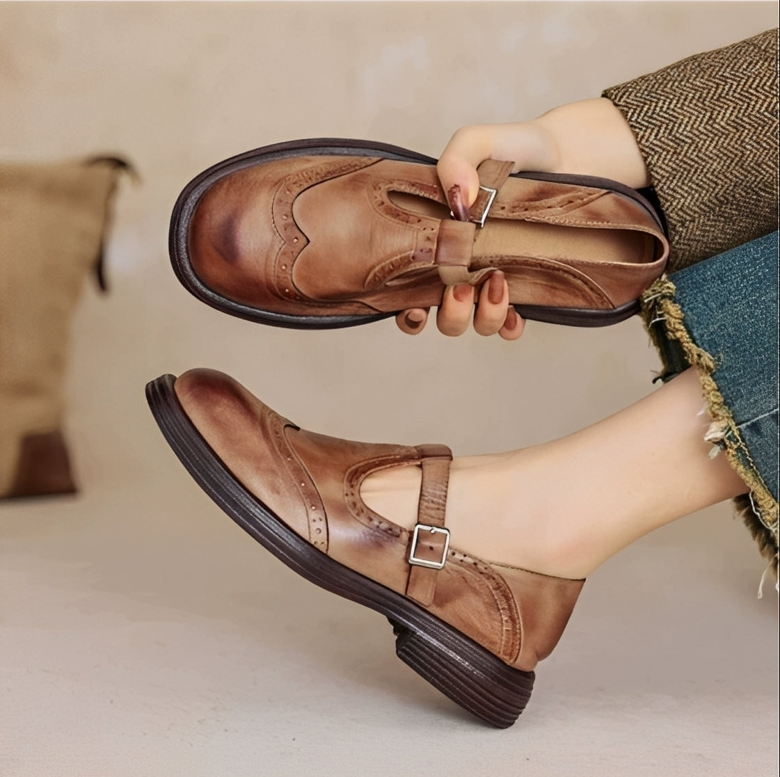 Erika - Zapatos retro de cuero grueso para mujeres