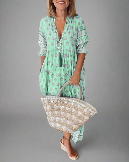 Friederike | Vestido Midi con Escote en V y Elegantes Mangas Abullonadas