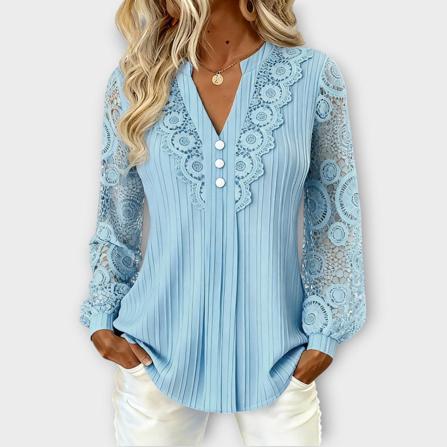 Blusa Plisada con Mangas de Encaje Elegante